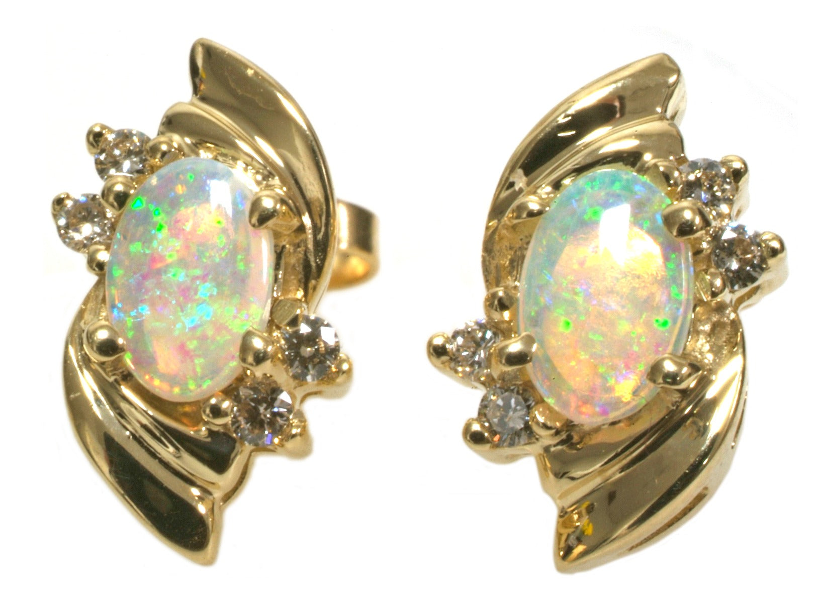 14K Yellow Gold Opal and Diamond 2024 Stud Earrings