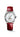 Longines watch, 34 mm round case, white mother-of-pearl dial, diamond indexes, with a red alligator strap