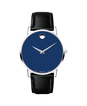 Men's Museum Classic watch, 40 mm stainless steel case, blue Museum dial with silver-toned dot and hands, black calfskin strap with stainless steel buckle.
