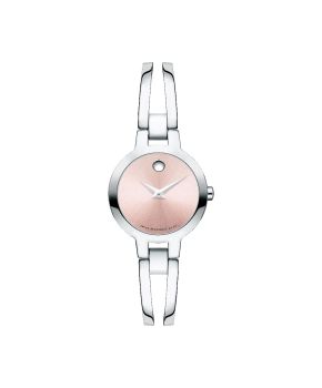 Movado Amorosa, 24 mm stainless steel case and bangle with pink-toned sunray dial.
