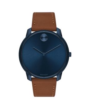 Movado BOLD, 42 mm blue ion-plated stainless steel case with a blue-toned dial on brown leather strap.