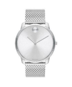 Movado BOLD, 42 mm stainless steel case with a silver-toned dial on stainless steel mesh bracelet.