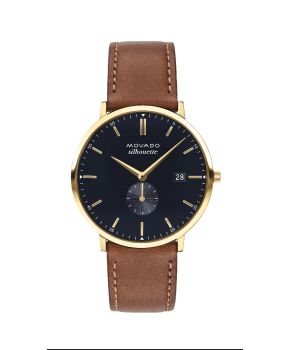 Men's Movado Heritage Series Calendoplan watch, 40 mm gold plated case with fluidly extended lugs, round navy 2-hand dial with sub dial, luminescent gold-toned hands and applied markers, printed white minute index, and date display, Cognac top-stitched le