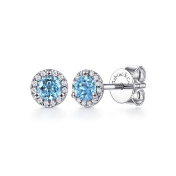 Gabriel & Co. - EG12372W45BT - 14K White Gold Round Cut Diamond Halo & Swiss Blue Topaz Stud Earrings