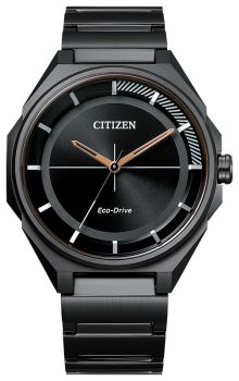 Citizen Eco-Drive watch black finish blackface and light brown hands with gray accents. 