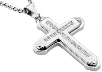 Stainless Steel Men's 24 Inch chain with Large Cross and CZ's - BJP17N