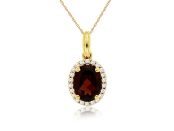 14K Yellow Gold Oval Garnet and Diamond Halo Pendant Necklace 

