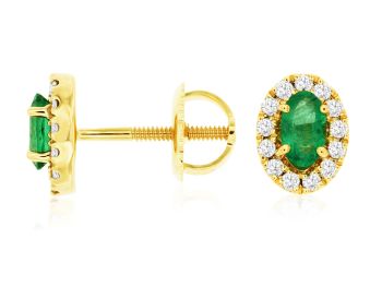 14K Yellow Gold Oval Emerald with Diamond Halo Stud Earrings