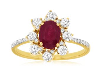 14K Yellow Gold Round Diamond Oval Ruby Flower Ring 