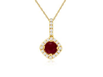 14K Yellow Gold Round Ruby with Diamond Halo Pendant Necklace
