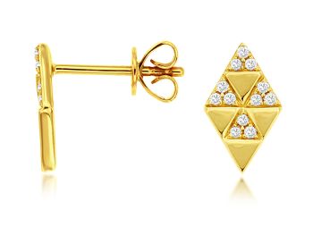 14k yellow gold rhombus shape stud earrings with pave set diamonds