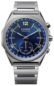 Citizen Connected watch with dark blue face and yellow accents. 