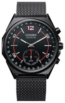 Citizen Connected watch all black stainless steel with mesh wristband, red and white accents. 
