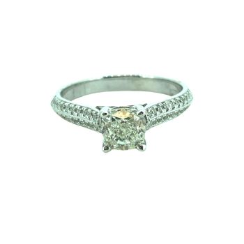 14KT White Gold Cushion , 0.90CTW/40RD -0.14CTW DBL ROW Diamond Engagement Ring