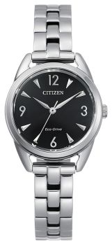 Citizen Drive watch with eco-drive technology, round bezel, silver tone finish and black face with silver accents. 