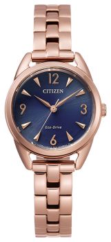 Citizen Drive watch with eco-drive technology, rose gold finish and a dark blue face. 