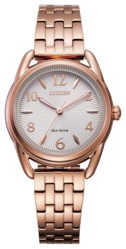 Citizen drive watch rose-gold finish with eco-drive technology and silver/white face.