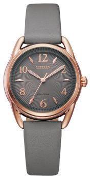 Citizen Drive watch with eco-drive technology and gray leather strap with rose-gold tone bezel and dark gray face. 