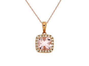 14K Rose Gold Cushion Cut Morganite with Diamond Halo Pendant Necklace 