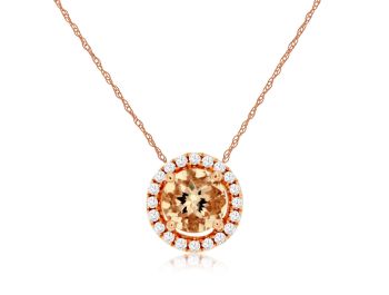 14K Rose Gold Round Morganite Diamond Halo Pendant Necklace
