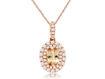 14K Rose Gold Oval Morganite Double Halo Pendant Necklace 

