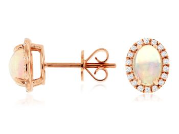 14K Yellow Gold Oval Opal Halo Stud Earrings with Diamonds
