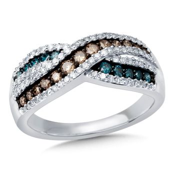 14K White Gold Blue and Brown Color Diamond Twist Ring