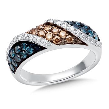 14K White Gold Alternating Blue and Brown Color Diamond Ring