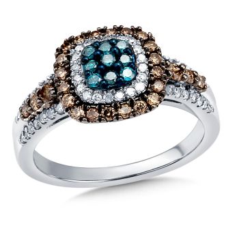 14K White Gold Blue and Brown Color Diamond Halo Ring