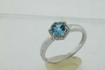 14K White Gold Hexagon Blue Topaz Diamond Halo Ring