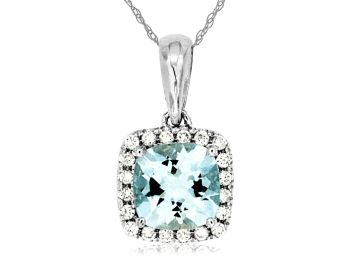 14K White Gold Cushion Cut Aquamarine Diamond Halo Pendant Necklace 