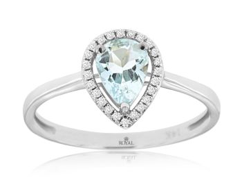 14K White Gold Pear Shape Aquamarine Diamond Halo Ring
