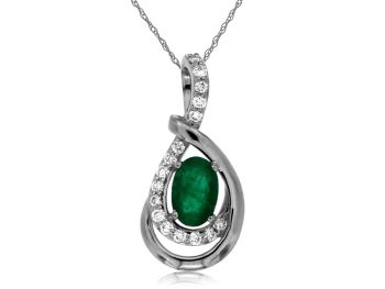 14K White Gold Oval Emerald Twist Pendant Necklace 