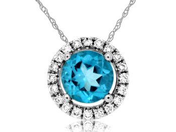 14K White Gold Round Blue Topaz with Diamond Halo Pendant Necklace