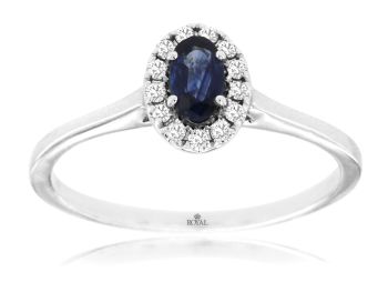 14K White Gold Oval Shaped Sapphire with Diamond Halo Ring 