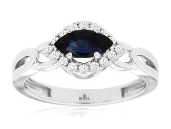 14K White Gold Marquise Shaped Sapphire Diamond Halo Ring
