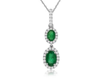 14k White Gold 2 Oval Emerald with Diamond Halo Pendant Necklace 