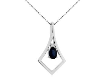 14K White Gold Oval Sapphire Diamond with a Twist Frame Pendant Necklace 