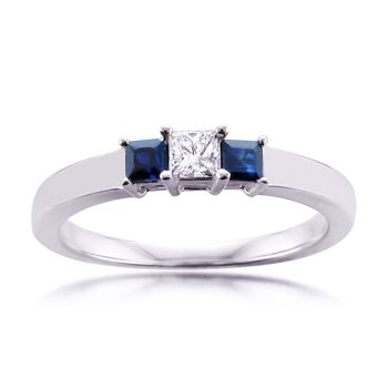 Princess cut Diamond and square Sapphire Engagement Ring in 14k White Gold HB20984