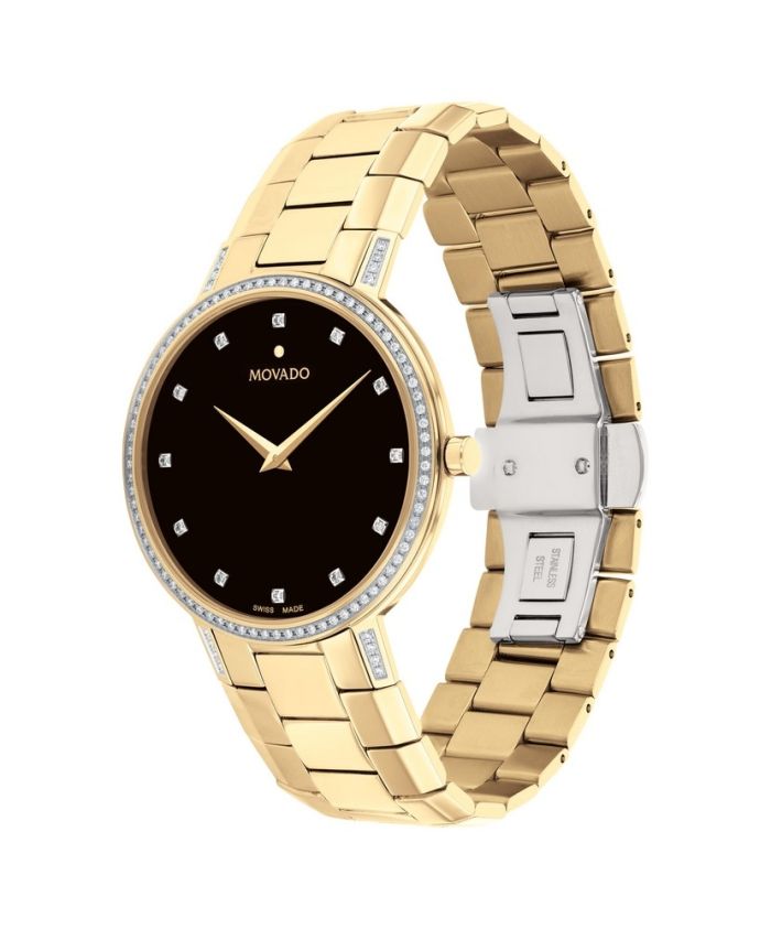 Movado Faceto, 39mm yellow gold PVD-finished stainless steel case and bracelet with diamond set lugs. Features a black dial with 12 diamond markers & diamond set bezel. | Hannoush Jewelers