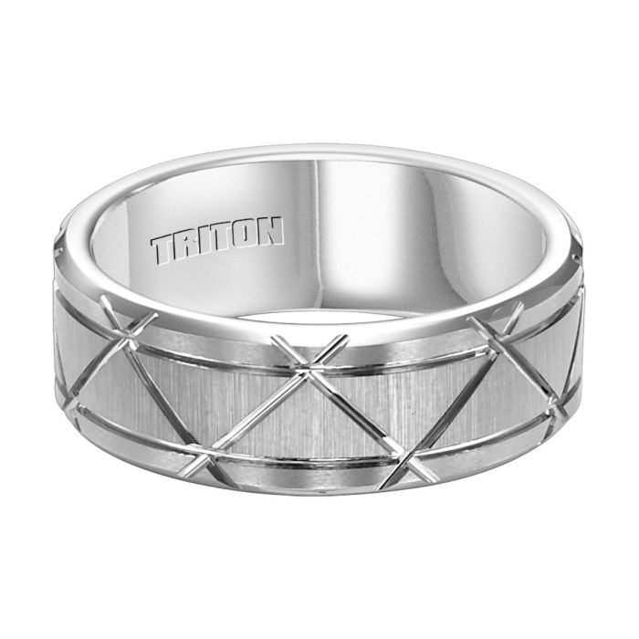 Triton Gents 8mm White Tungsten Carbide Flat Comfort Fit Band 11-4425HC-G.00 | Hannoush Jewelers