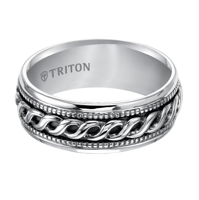 Triton Ladies 8mm Sterling Silver Rope and Milgrain Comfort Fit Band 11-4930SV-L.00 | Hannoush Jewelers