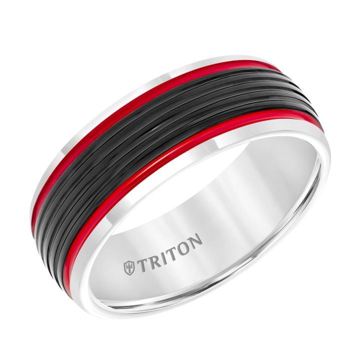 Triton Gents 8mm Black and White Domed Tungsten Carbide Fire Red Stripes 11-5945MCR8-G.00 | Hannoush Jewelers