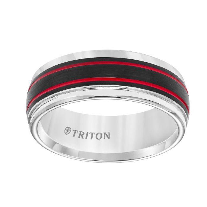 Triton Gents 8mm Tungsten Carbide Comfort Fit Band Red Stripes 11-5976WCE8-G.00 | Hannoush Jewelers