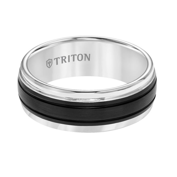 Triton Gents 8mm Tungsten Carbide Comfort Fit White band Black Matte Center Midnight Stripes 11-5976WCK8-G.00 | Hannoush Jewelers