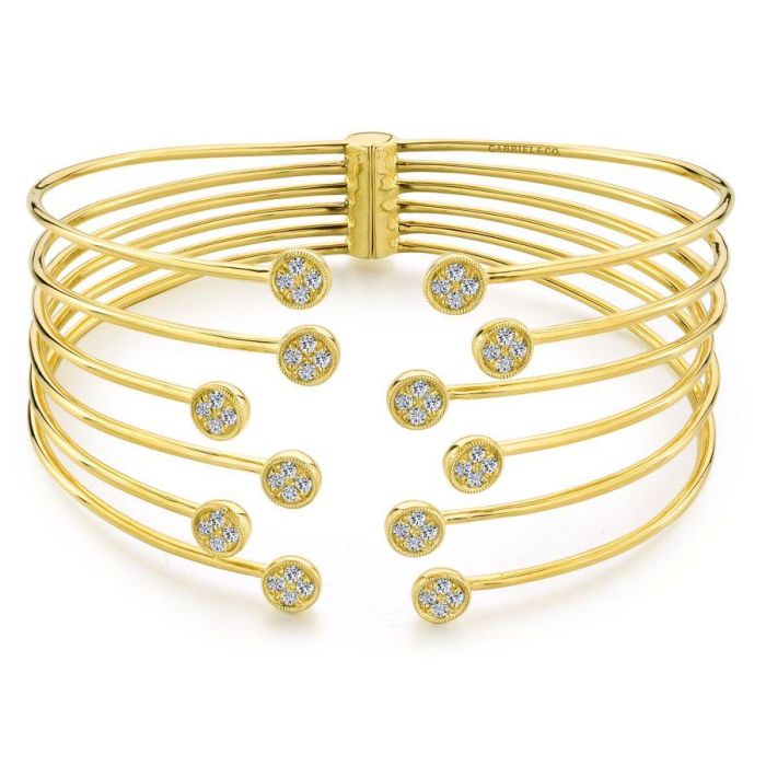 Gabriel & Co. - BG4011Y45JJ - Open 14K Yellow Gold Bangle with Round Pavâ€š Diamond Endcaps | Hannoush Jewelers