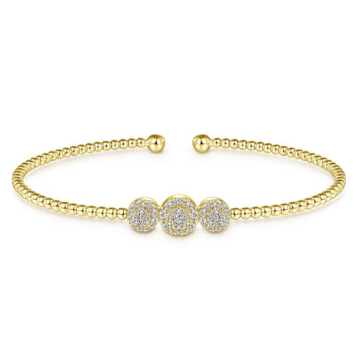 Gabriel & Co. - BG4114-62Y45JJ - 14K Yellow Gold Bujukan Bead Cuff Bracelet with Three Pavâ€š Diamond Stations | Hannoush Jewelers