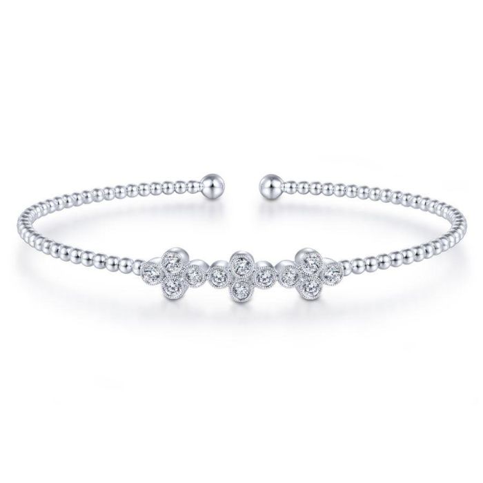 Gabriel & Co. - BG4115-62W45JJ - 14K White Gold Bujukan Bead Cuff Bracelet with Three Quatrefoil Diamond Stations | Hannoush Jewelers