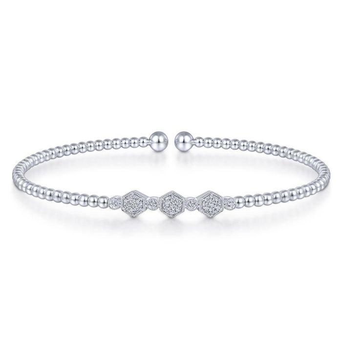 Gabriel & Co. - BG4117-62W45JJ - 14K White Gold Bujukan Bead Cuff Bracelet with Cluster Diamond Hexagon Stations | Hannoush Jewelers