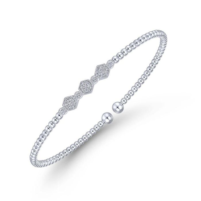 Gabriel & Co. - BG4117-62W45JJ - 14K White Gold Bujukan Bead Cuff Bracelet with Cluster Diamond Hexagon Stations | Hannoush Jewelers